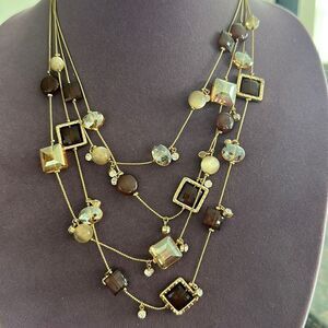 Charming Charlie Gold Tone Multi-Strand Crystal & Brown Beaded Necklace